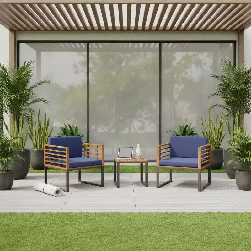 Gymax Ensemble Bistro d'Extérieur 3 Pièces en Bois d'Acacia avec Chaises Rembourrées Table Basse pour Terrasses Balcons Jardins