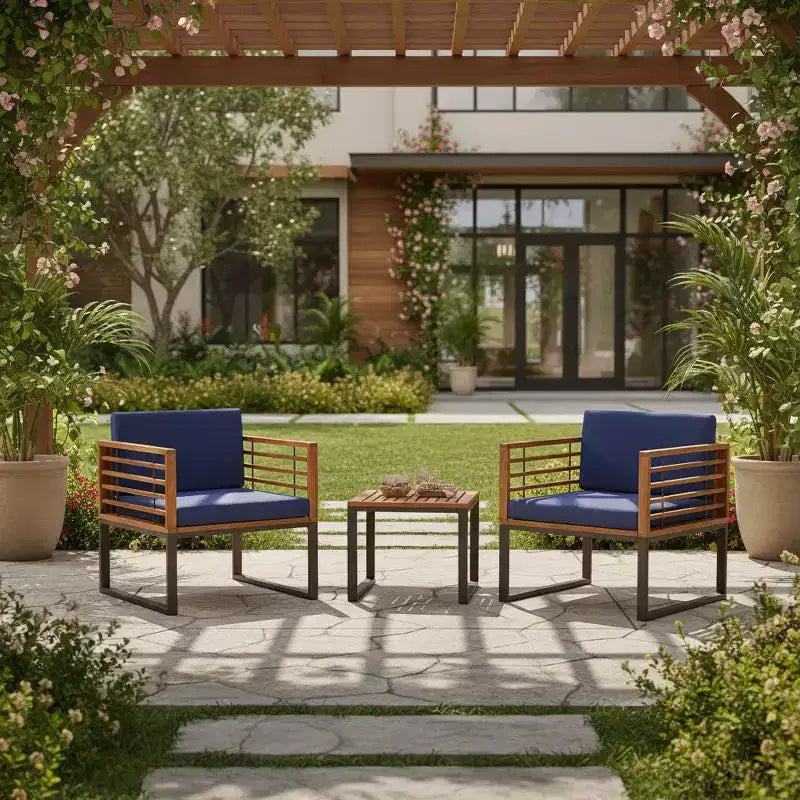 Gymax Ensemble Bistro d'Extérieur 3 Pièces en Bois d'Acacia avec Chaises Rembourrées Table Basse pour Terrasses Balcons Jardins
