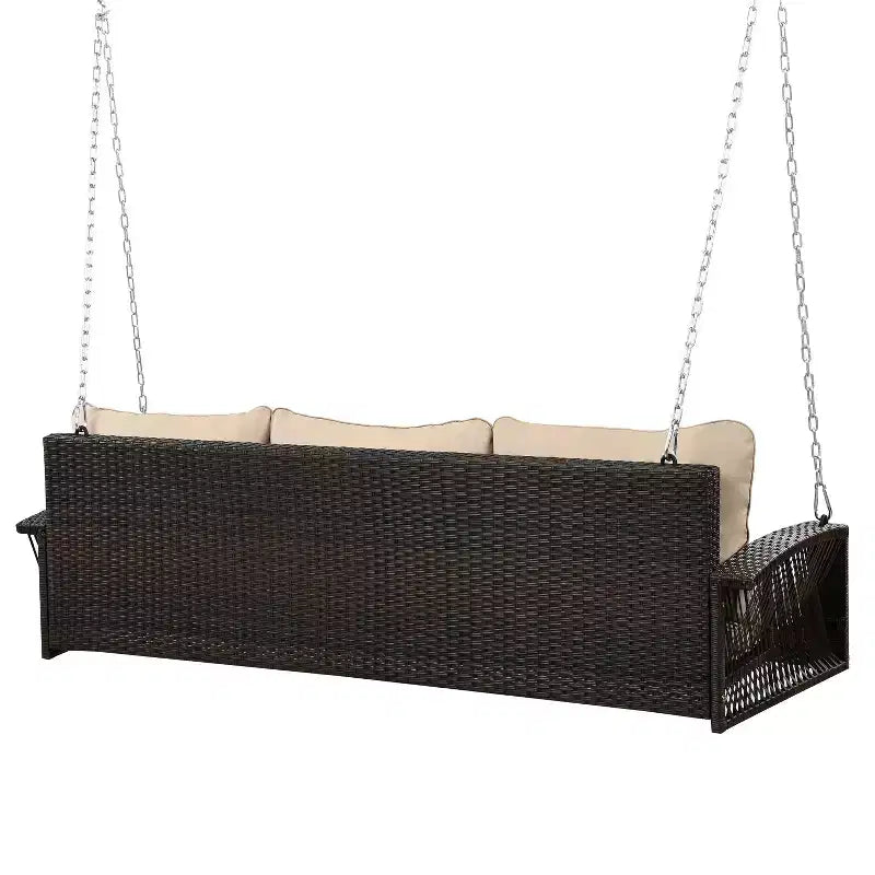 Balançoire de porche en osier de PE de 69 pouces pour 3 personnes avec coussins et tissage durable pour l'extérieur