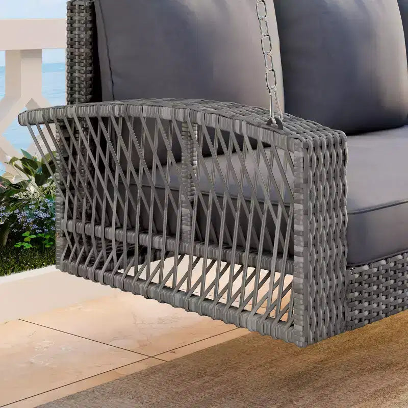 Balançoire de porche en osier de PE de 69 pouces pour 3 personnes avec coussins et tissage durable pour l'extérieur