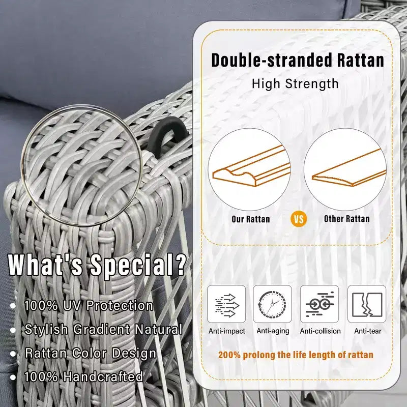 Balançoire de porche en osier de PE de 69 pouces pour 3 personnes avec coussins et tissage durable pour l'extérieur