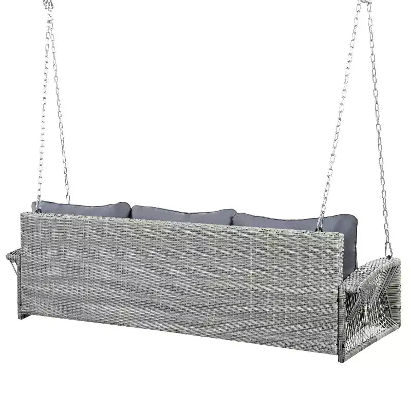 Balançoire de porche en osier de PE de 69 pouces pour 3 personnes avec coussins et tissage durable pour l'extérieur