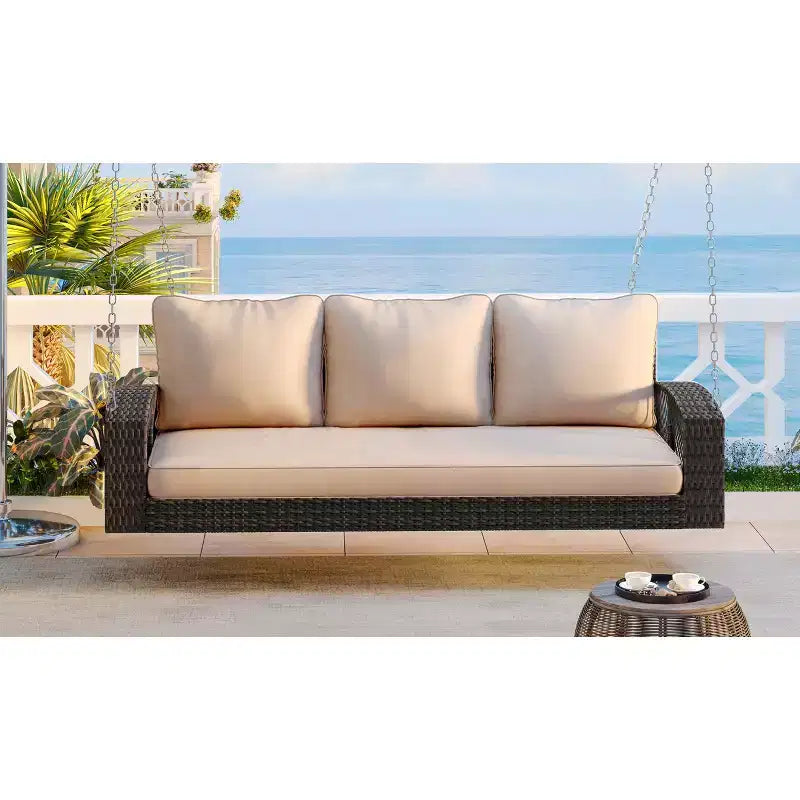 Balançoire de porche en osier de PE de 69 pouces pour 3 personnes avec coussins et tissage durable pour l'extérieur