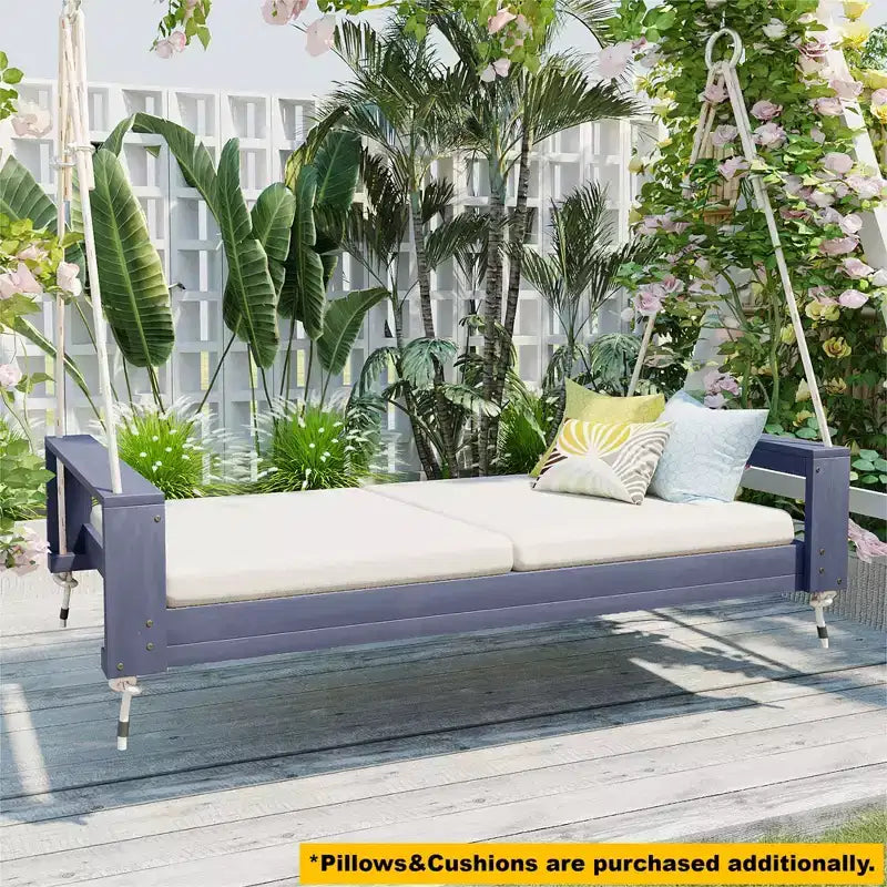 Lit-balancelle de terrasse une place avec cadre en bois d'acacia et cordes en chanvre pour jardin et arrière-cour