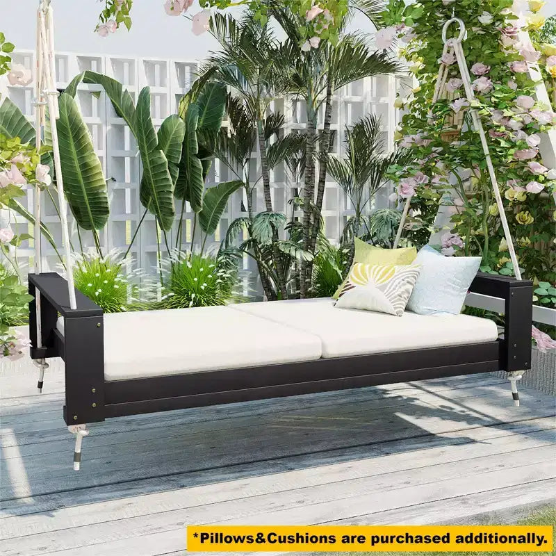 Lit-balancelle de terrasse une place avec cadre en bois d'acacia et cordes en chanvre pour jardin et arrière-cour