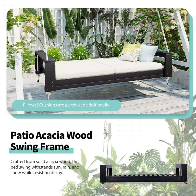 Lit-balancelle de terrasse une place avec cadre en bois d'acacia et cordes en chanvre pour jardin et arrière-cour