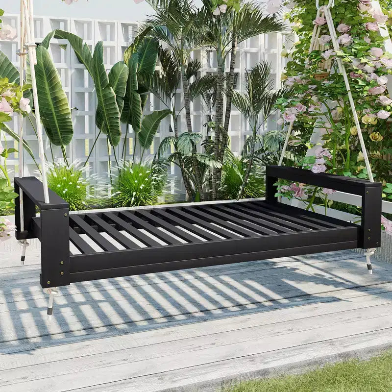 Twin Size Porch Swing Bed with Acacia Wood Frame and Hemp Ropes for Garden and Backyard