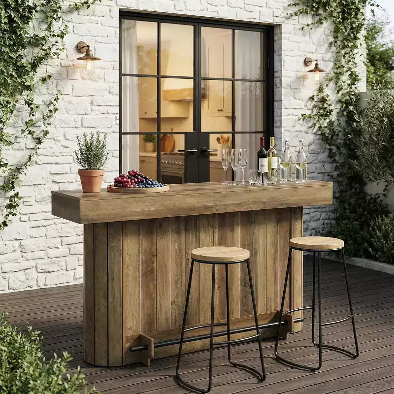 Lantine table de bar, unité de bar maison en bois 63 pouces avec repose-pied métallique, table de pub avec étagères de rangement pour salon, bistro, salle à manger (brun)
