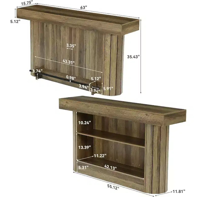 Lantine table de bar, unité de bar maison en bois 63 pouces avec repose-pied métallique, table de pub avec étagères de rangement pour salon, bistro, salle à manger (brun)