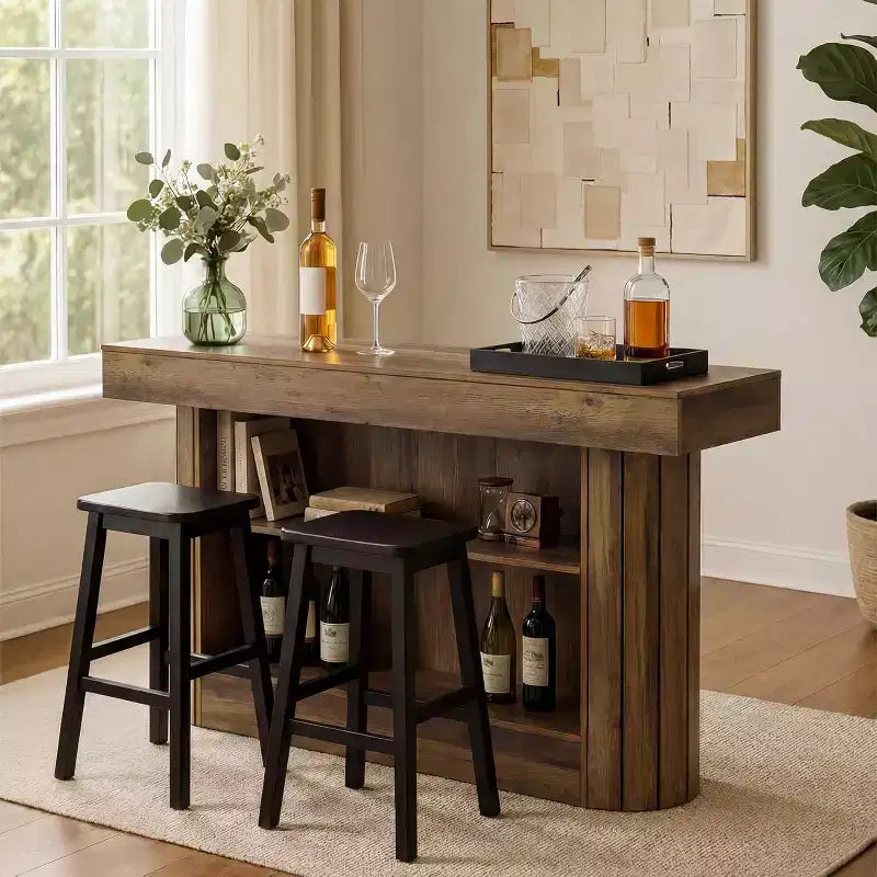 Lantine table de bar, unité de bar maison en bois 63 pouces avec repose-pied métallique, table de pub avec étagères de rangement pour salon, bistro, salle à manger (brun)