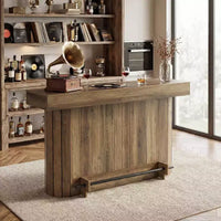 Lantine table de bar, unité de bar maison en bois 63 pouces avec repose-pied métallique, table de pub avec étagères de rangement pour salon, bistro, salle à manger (brun)