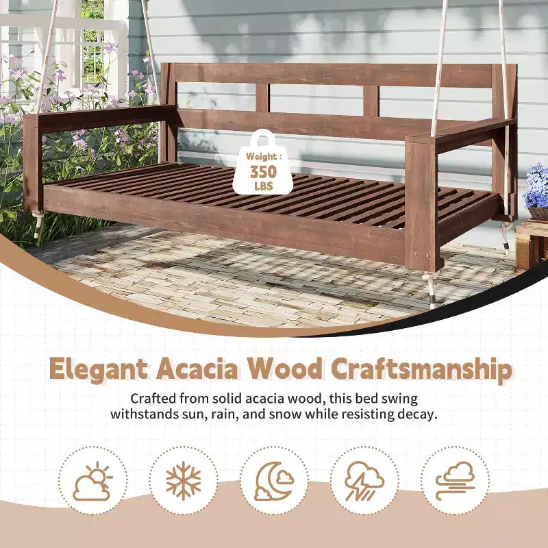 Cadre de balancelle de porche lit de jour taille Twin en bois d'acacia et cordes de chanvre pour jardin et patio