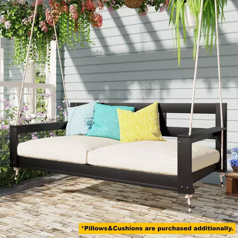 Cadre de balancelle de porche lit de jour taille Twin en bois d'acacia et cordes de chanvre pour jardin et patio
