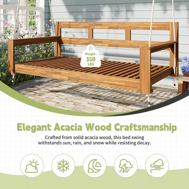Cadre de balancelle de porche lit de jour taille Twin en bois d'acacia et cordes de chanvre pour jardin et patio