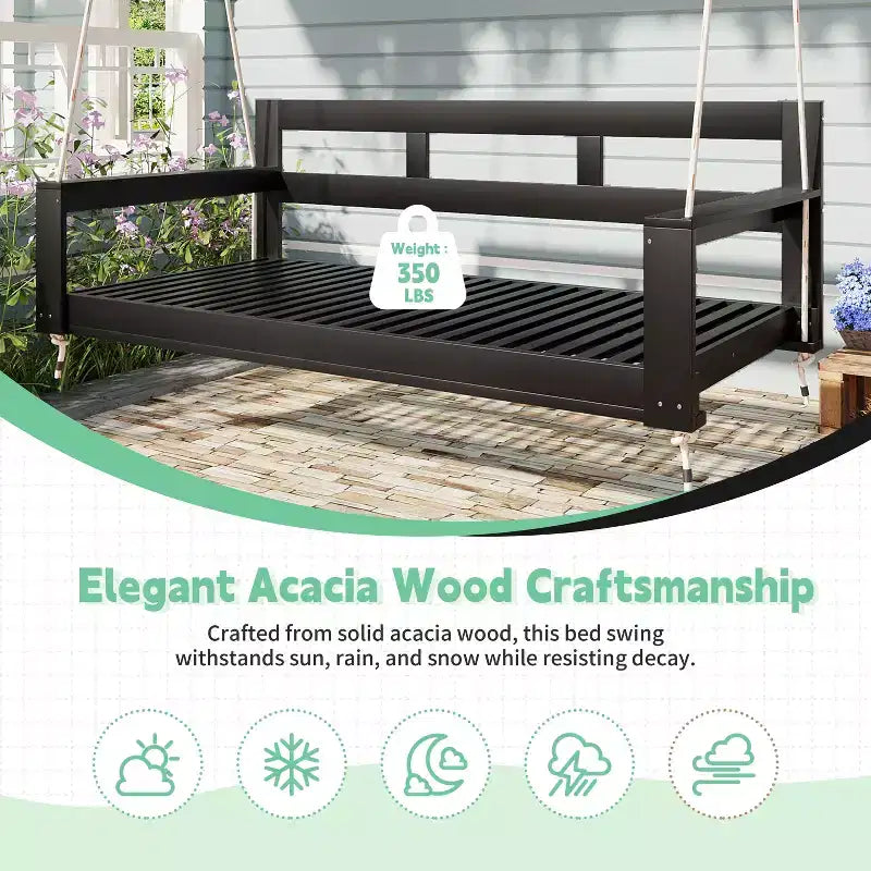 Cadre de balancelle de porche lit de jour taille Twin en bois d'acacia et cordes de chanvre pour jardin et patio