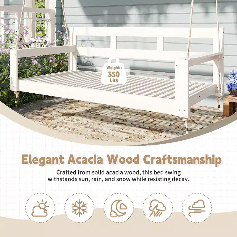 Cadre de balancelle de porche lit de jour taille Twin en bois d'acacia et cordes de chanvre pour jardin et patio