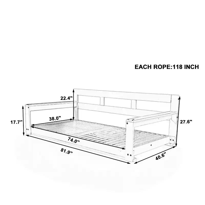 Cadre de balancelle de porche lit de jour taille Twin en bois d'acacia et cordes de chanvre pour jardin et patio