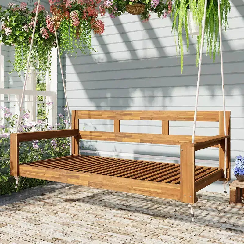 Cadre de balancelle de porche lit de jour taille Twin en bois d'acacia et cordes de chanvre pour jardin et patio