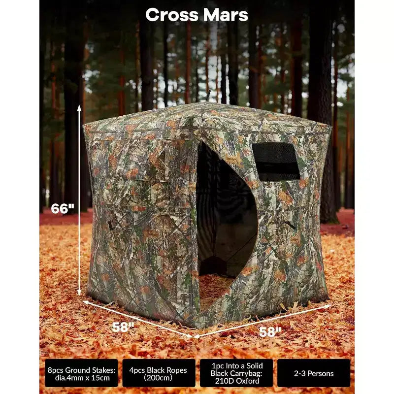 270 Tente d'affût Pop Up Transparente pour 2 à 4 Personnes, Abri de Chasse Camouflage Étanche avec Porte Magnétique Silencieuse, Portable pour la Chasse au Cerf et à la Dinde