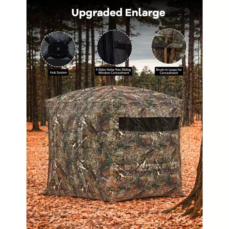 Affût de chasse au sol pop-up 270 transparent pour 2 à 4 personnes, tente de camouflage imperméable avec porte magnétique silencieuse, portable pour la chasse au cerf et au dindon