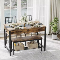 Ensemble de salle à manger 4 pièces avec 2 chaises et 1 banc (table rectangulaire avec deux tiroirs) - Idéal pour la cuisine, la salle à manger ou le jardin
