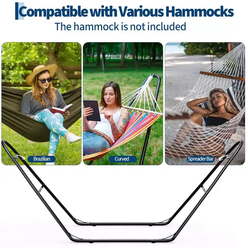 Support de hamac double universel avec capacité de poids 550 livres, support de hamac d'extérieur très résistant, compatible avec hamacs de 9 à 14 pieds de long, finition Noir