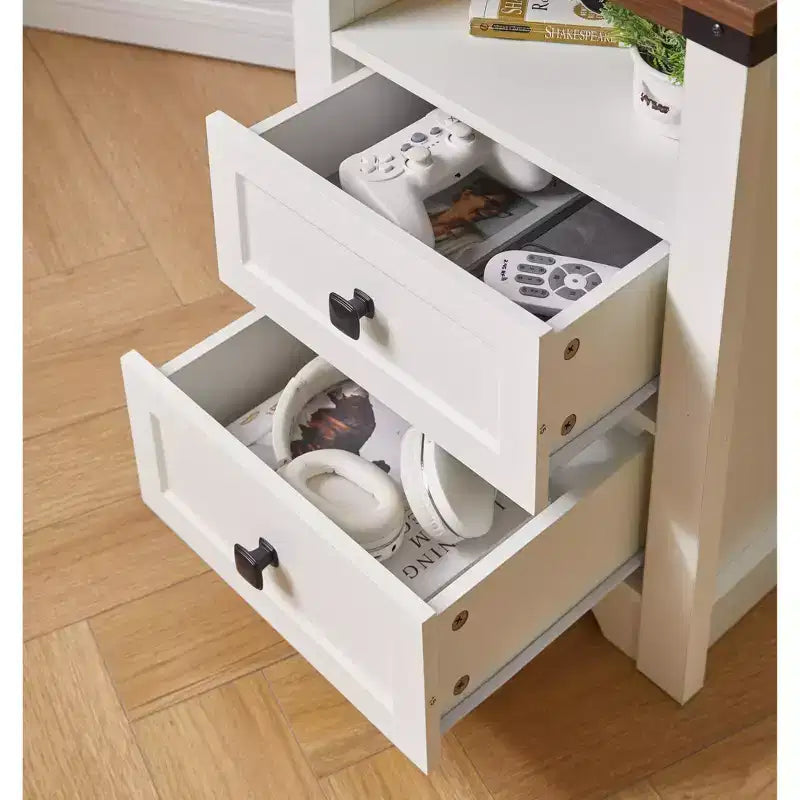 Homy Casa table de chevet à 2 tiroirs, table d'appoint moderne avec station de recharge et veilleuse LED, blanc