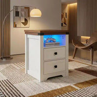 Homy Casa table de chevet à 2 tiroirs, table d'appoint moderne avec station de recharge et veilleuse LED, blanc