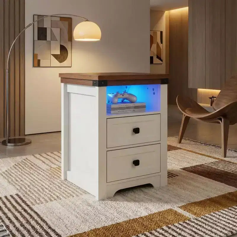 Homy Casa table de chevet à 2 tiroirs, table d'appoint moderne avec station de recharge et veilleuse LED, blanc