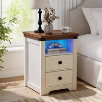 Homy Casa table de chevet à 2 tiroirs, table d'appoint moderne avec station de recharge et veilleuse LED, blanc