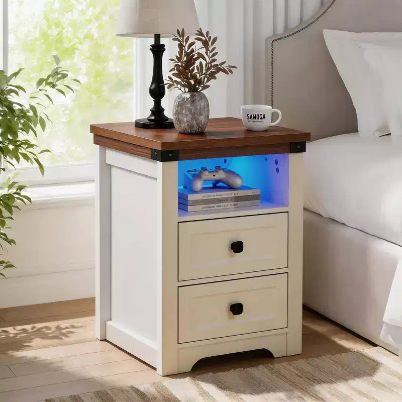 Homy Casa table de chevet à 2 tiroirs, table d'appoint moderne avec station de recharge et veilleuse LED, blanc