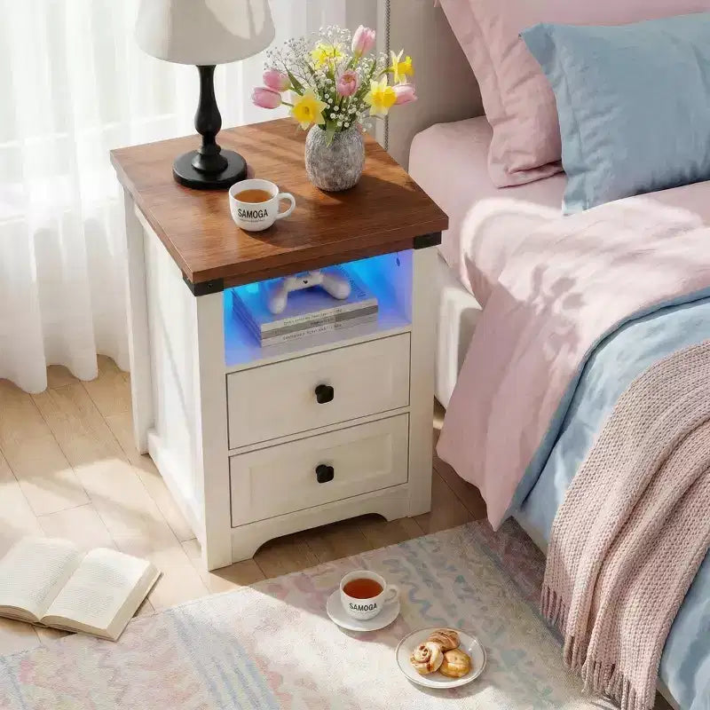 Homy Casa table de chevet à 2 tiroirs, table d'appoint moderne avec station de recharge et veilleuse LED, blanc