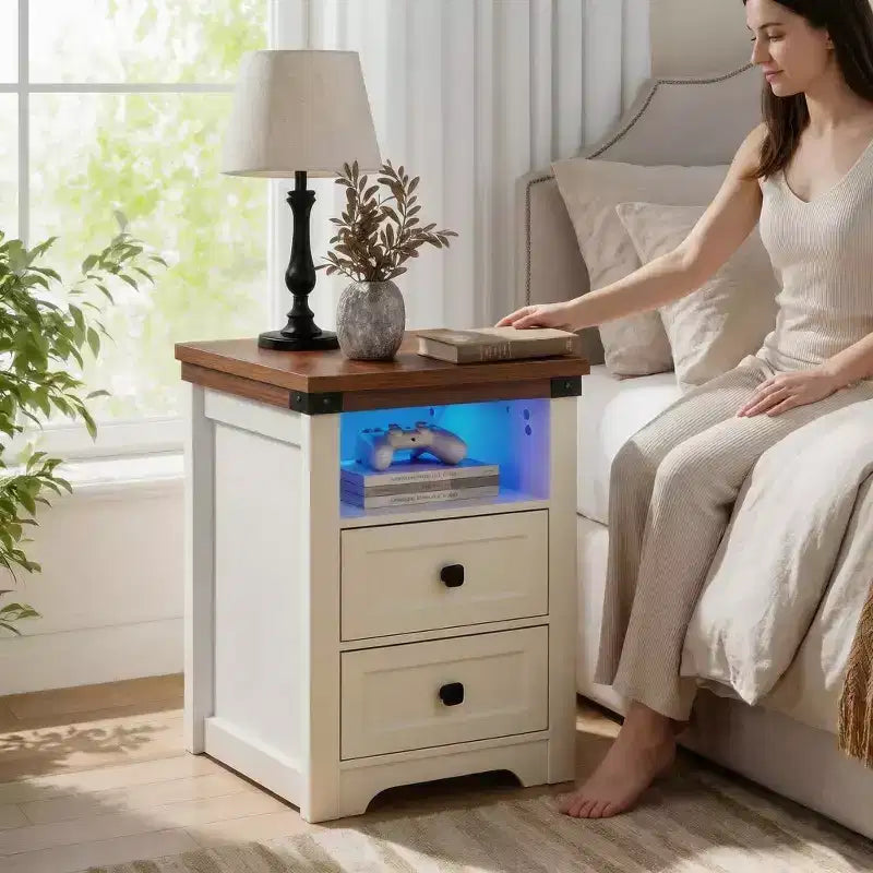 Homy Casa table de chevet à 2 tiroirs, table d'appoint moderne avec station de recharge et veilleuse LED, blanc