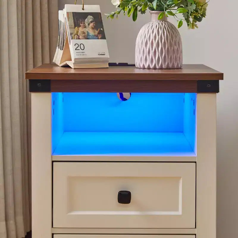 Homy Casa table de chevet à 2 tiroirs, table d'appoint moderne avec station de recharge et veilleuse LED, blanc