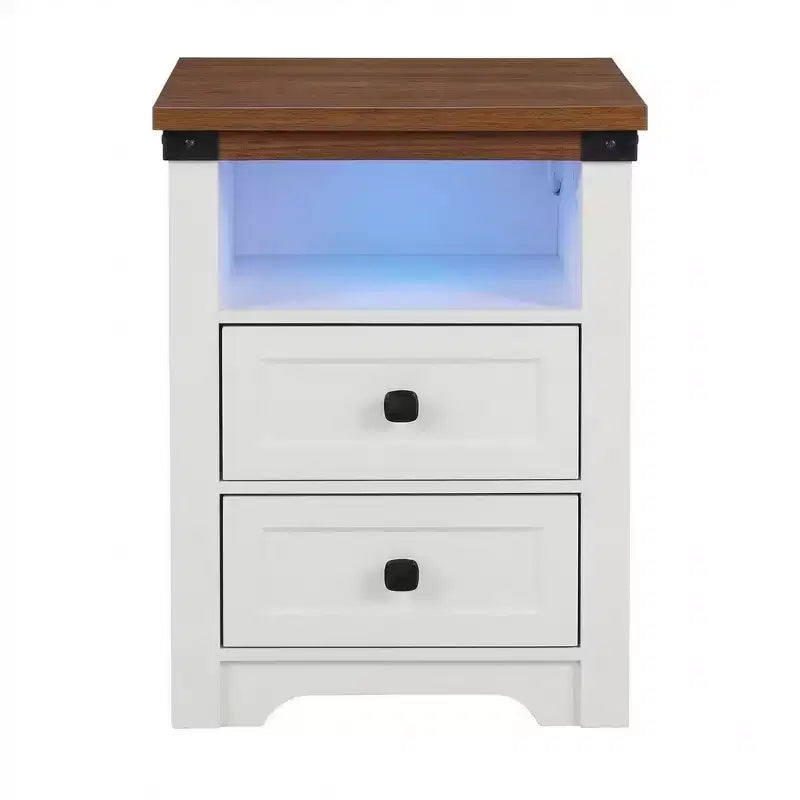 Homy Casa table de chevet à 2 tiroirs, table d'appoint moderne avec station de recharge et veilleuse LED, blanc