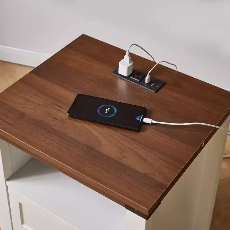 Homy Casa table de chevet à 2 tiroirs, table d'appoint moderne avec station de recharge et veilleuse LED, blanc