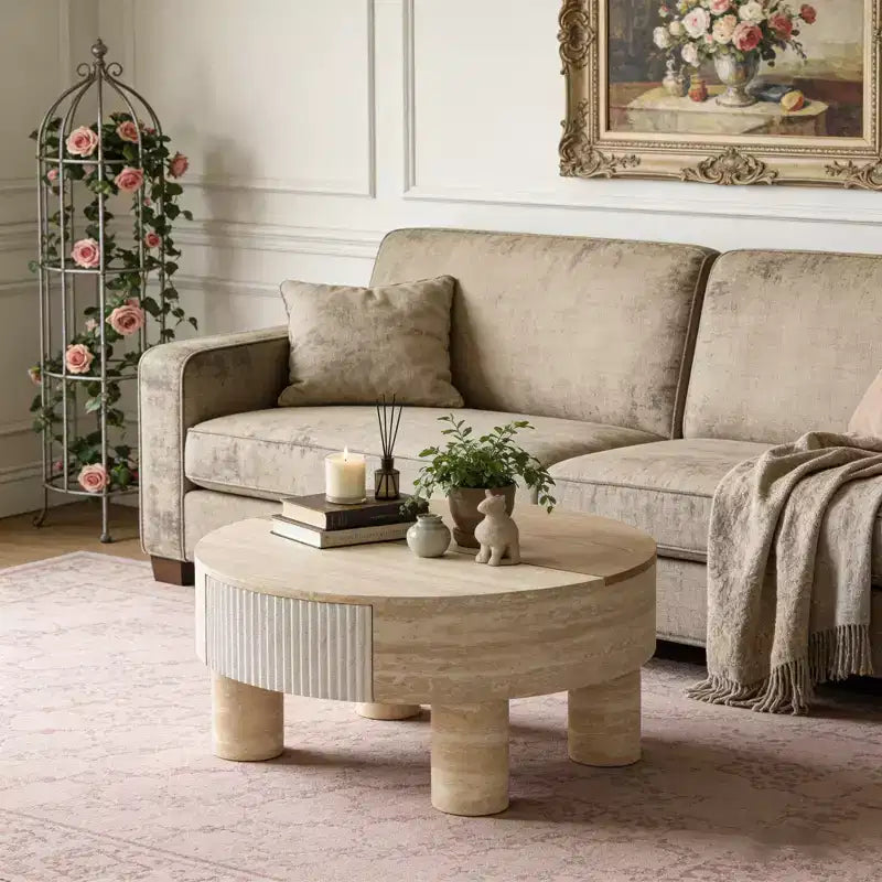 Table basse ronde GDFStudio Nuria avec plateau relevable et tiroir de rangement caché