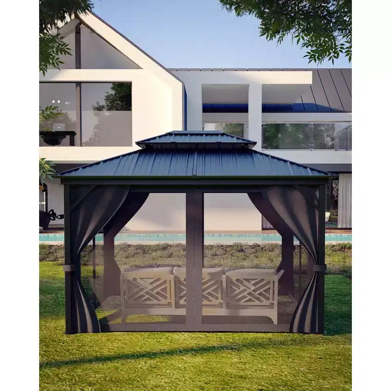 Gazebo à toit rigide 12*14 pi avec double toit en metal, pavillon d'extérieur toutes saisons, auvent pour patio, terrasse et arrière-cour avec filet et rideaux d'intimite