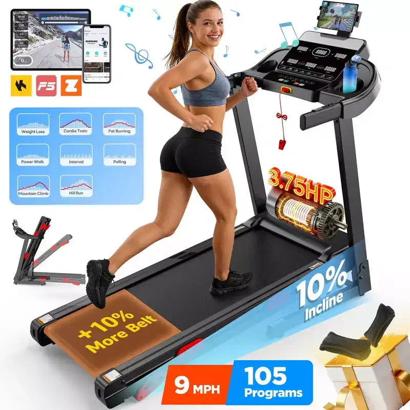 Tapis roulant pliable motorisé 3.75 CV, jusqu'à 14,5 km/h, 105 programmes prédéfinis et écran LCD