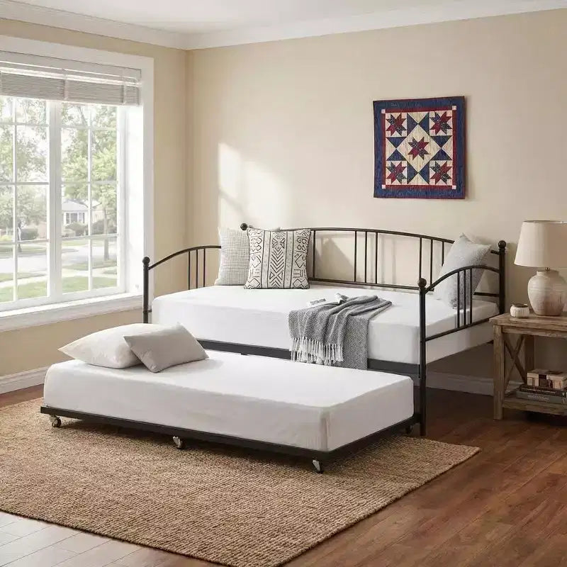 COZONY - Lit de jour avec gigogne, canapé-lit métallique Twin avec lattes en acier, tête de lit arquée, lit d'amis gain de place pour salon et chambre, noir