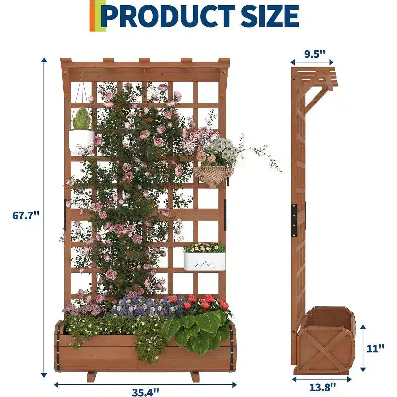 Carre de jardin sureleve haut 67 avec treillis et toit, bac en bois pour plantes grimpantes, grand carre de jardin interieur/extérieur pour legumes, herbes et fleurs