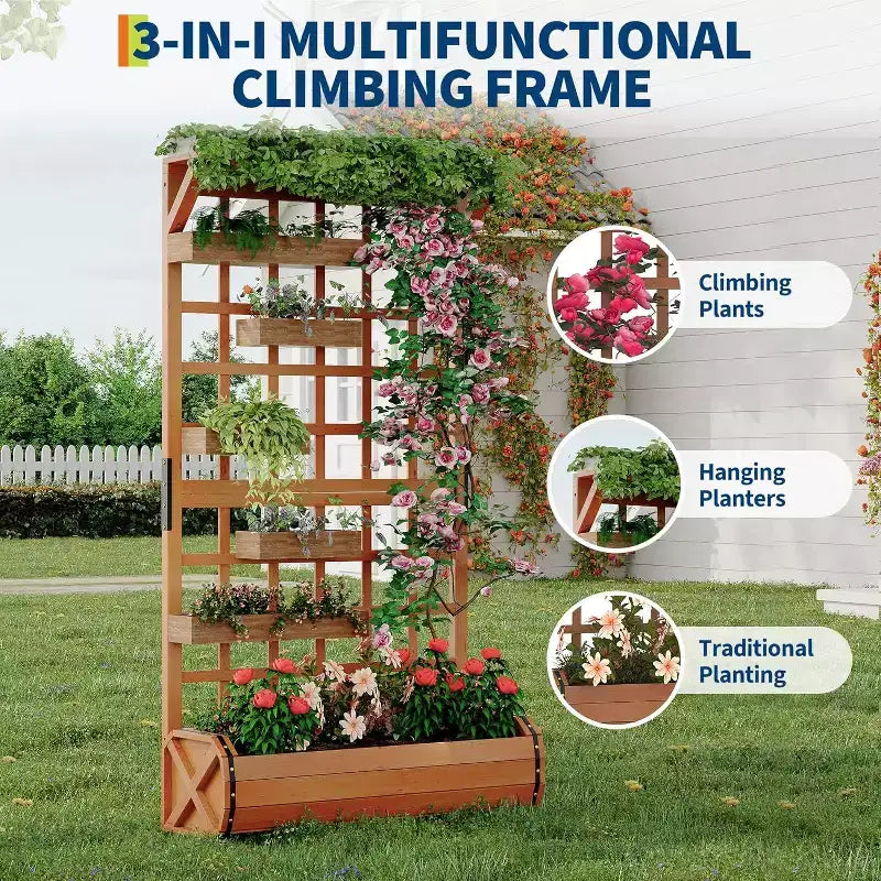 Carre de jardin sureleve haut 67 avec treillis et toit, bac en bois pour plantes grimpantes, grand carre de jardin interieur/extérieur pour legumes, herbes et fleurs