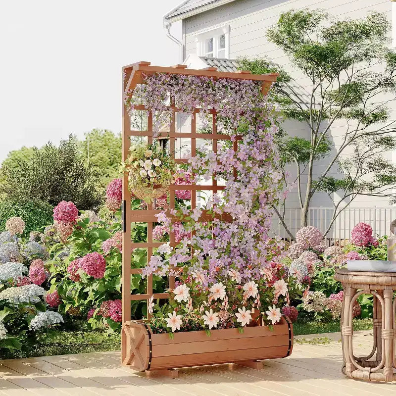 Carre de jardin sureleve haut 67 avec treillis et toit, bac en bois pour plantes grimpantes, grand carre de jardin interieur/extérieur pour legumes, herbes et fleurs