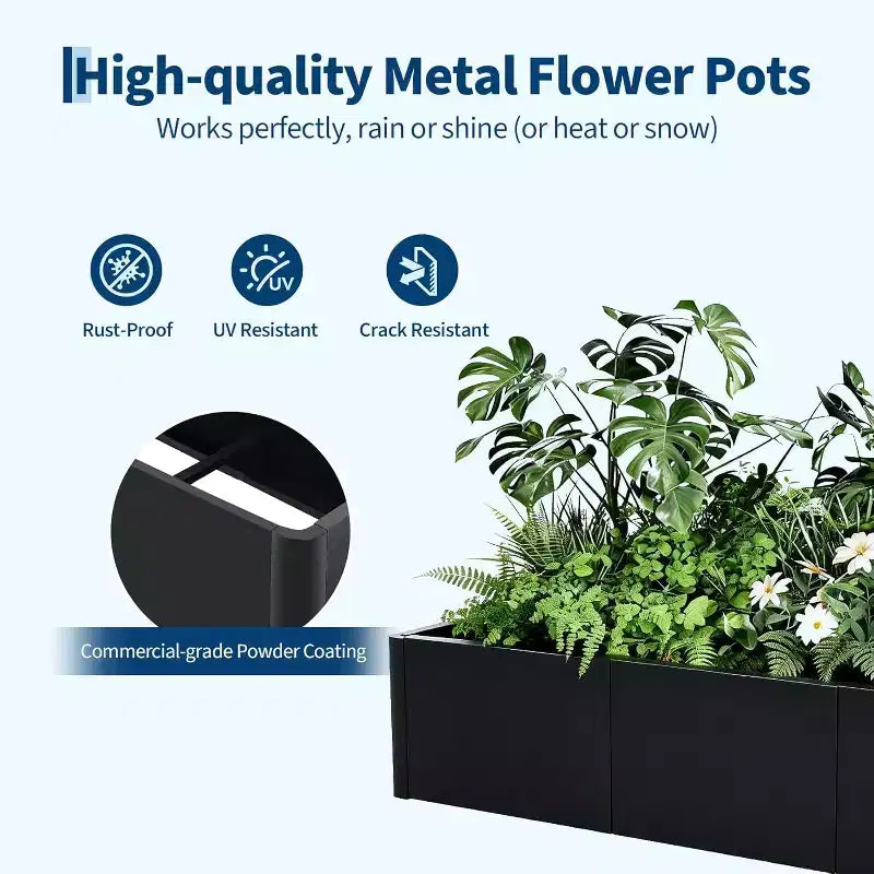 Carré potager surélevé extra-long en métal à base ouverte moderne, assemblage sans outil par encliquetage, coins arrondis, base ouverte, trous de drainage, pour patio, balcon, jardin