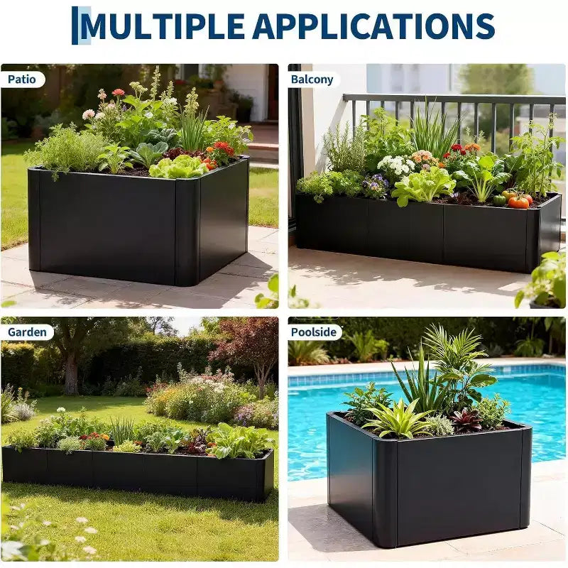 Carré potager surélevé extra-long en métal à base ouverte moderne, assemblage sans outil par encliquetage, coins arrondis, base ouverte, trous de drainage, pour patio, balcon, jardin