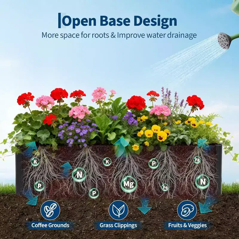 Carré potager surélevé extra-long en métal à base ouverte moderne, assemblage sans outil par encliquetage, coins arrondis, base ouverte, trous de drainage, pour patio, balcon, jardin