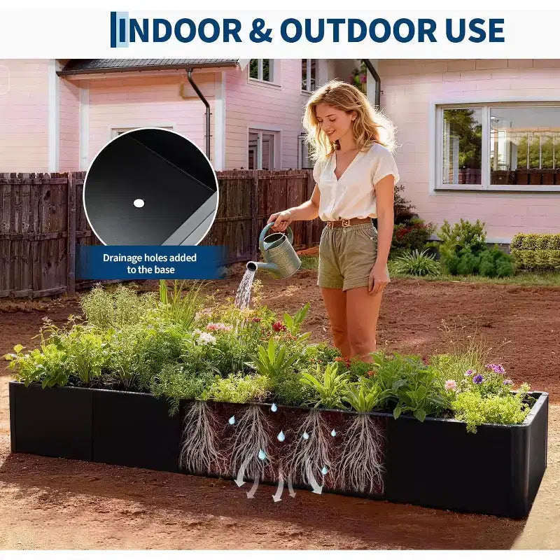 Carré potager surélevé extra-long en métal à base ouverte moderne, assemblage sans outil par encliquetage, coins arrondis, base ouverte, trous de drainage, pour patio, balcon, jardin