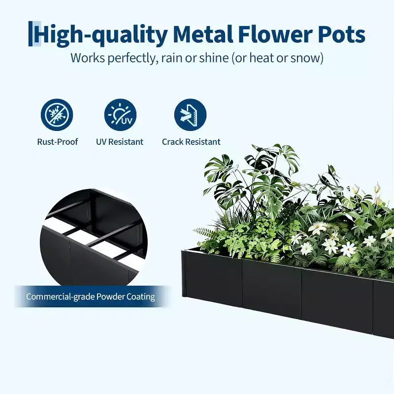 Carré potager surélevé extra-long en métal à base ouverte moderne, assemblage sans outil par encliquetage, coins arrondis, base ouverte, trous de drainage, pour patio, balcon, jardin