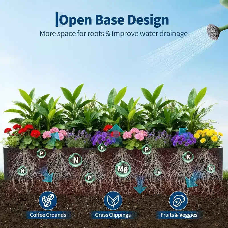 Carré potager surélevé extra-long en métal à base ouverte moderne, assemblage sans outil par encliquetage, coins arrondis, base ouverte, trous de drainage, pour patio, balcon, jardin