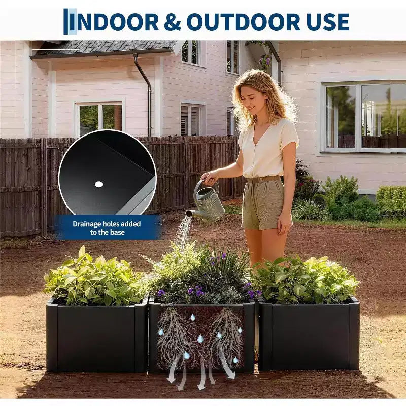 Carré potager surélevé extra-long en métal à base ouverte moderne, assemblage sans outil par encliquetage, coins arrondis, base ouverte, trous de drainage, pour patio, balcon, jardin
